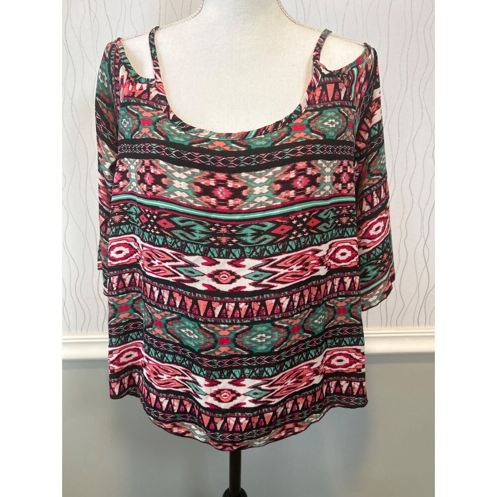Boho Cold Shoulder Aztec‎ Print Blouse Top Multicolor Pink Green Size M